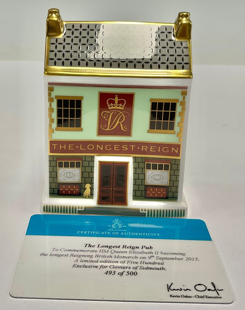 A Royal Crown Derby miniature model of a house, The Longest Reign Pub, 10cm high, commemorates HRH - Image 2 of 2