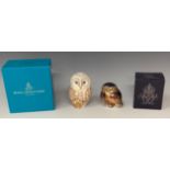 A Royal Crown Derby paperweight, Winter Owl, gold stopper, 11cm, boxed; another, Little Owl, gold