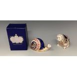 A Royal Crown Derby paperweight, Snail, gold stopper, 12.5cm wide, boxed; another, Bulldog, gold