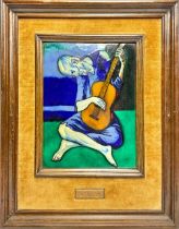 After Picasso, The Old Guitarist, enamel on copper plaque, in shades of blue and green, 23cm x 17cm,