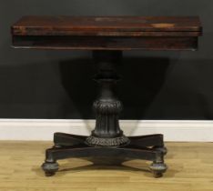 A William IV mahogany card table, 74cm high, 91.5cm wide, 45cm deep, c.1835