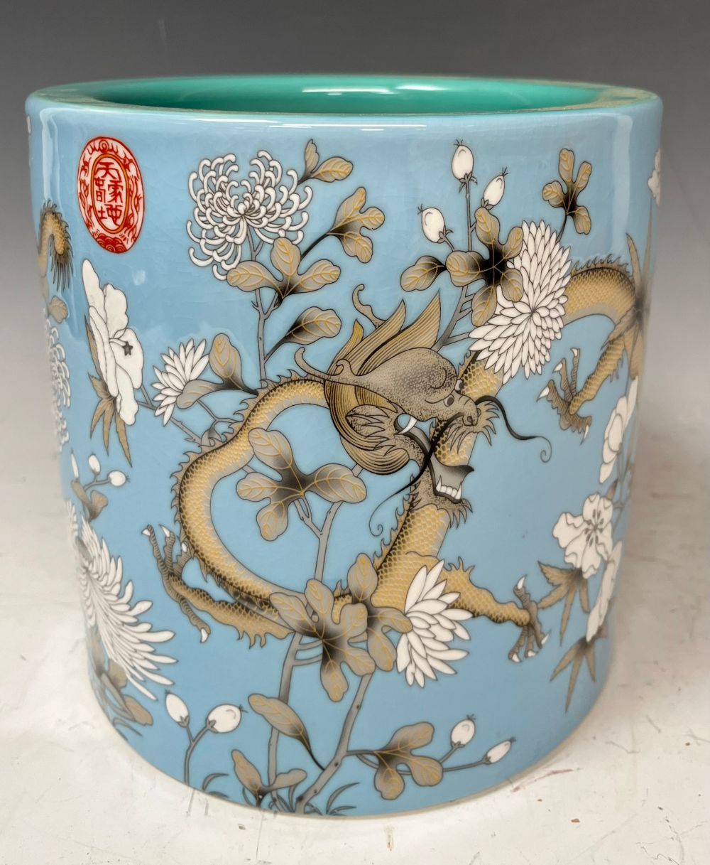 A large Chinese porcelain pale blue and celadon brush pot, decorated with dragons and foliate - Image 2 of 2