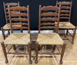 A set of four oak and elm Lancashire ladderback dining chairs, 99cm high, 51cm wide, the seat 39cm