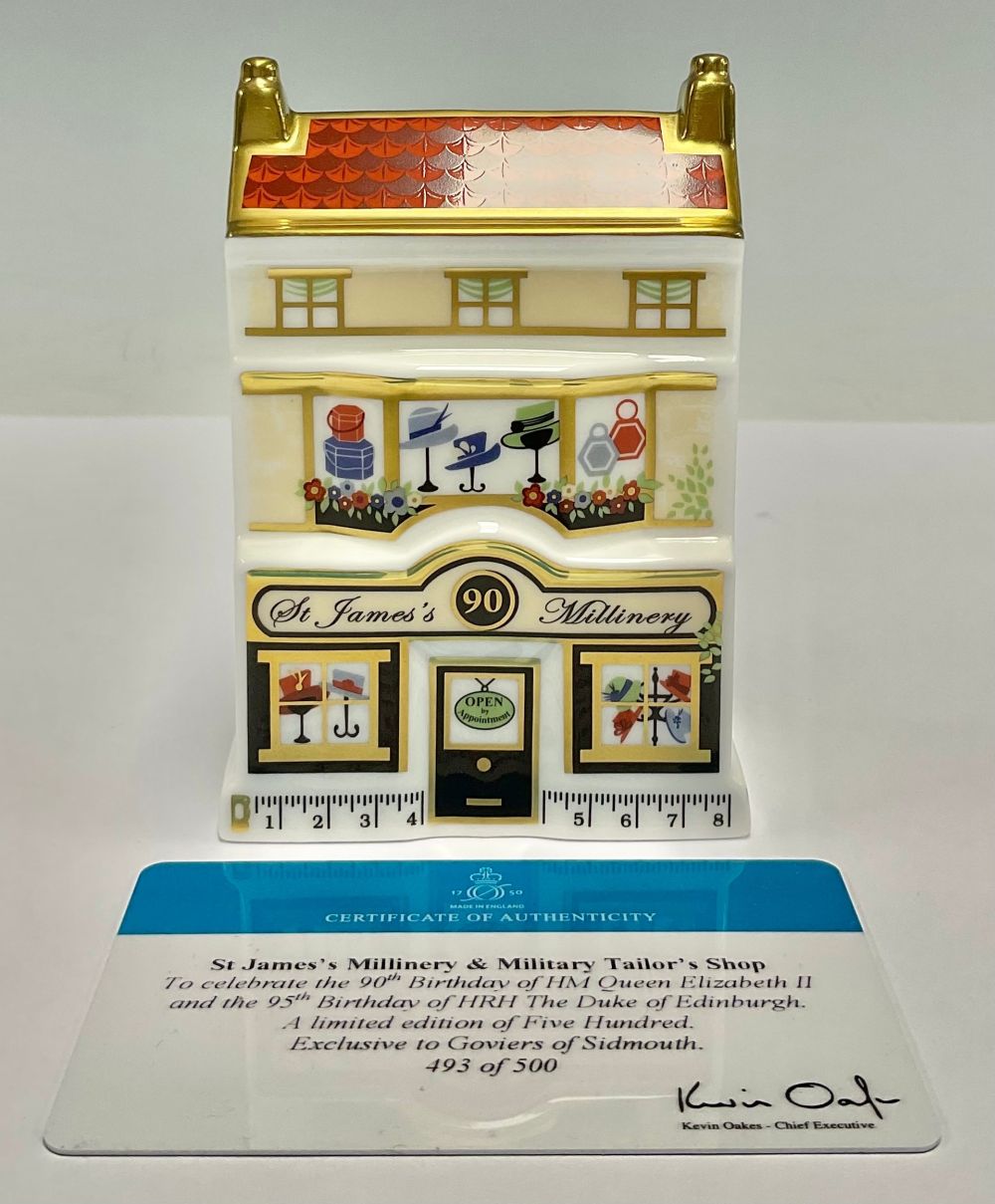 A Royal Crown Derby miniature model house, St James’s Millinery and Military Tailors, celebrating