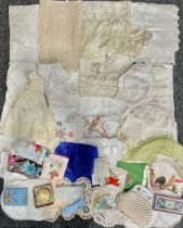 Textiles - a box of miscellaneous linen and lace, including early lace shawl, embroidered dragon