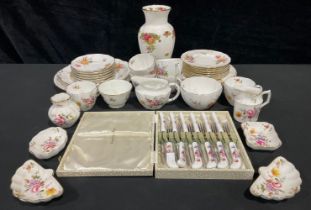 A Royal Crown Derby Posies pattern tea set for six, milk jug and sugar bowl, cream jug and sugar