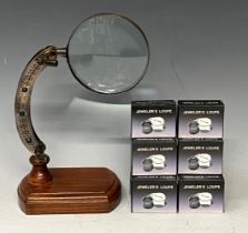 A replica Watts & Sons, London, desktop magnifying glass, extending to 31cm high; twelve jewellers