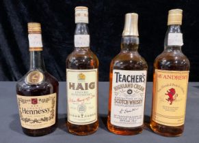 A bottle of Teacher's Highland Cream Scotch whisky; others, Haig Scotch whisky; Hennessey Cognac;