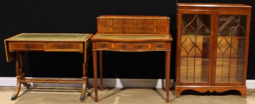 A contemporary 19th century style yew veneer display cabinet, 113cm high, 87cm wide, 33cm deep; a