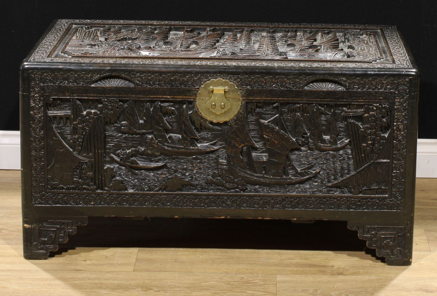 A South-East Asian camphor-lined chest, with insert lattice tray, 52cm high, 101cm wide, 56cm deep