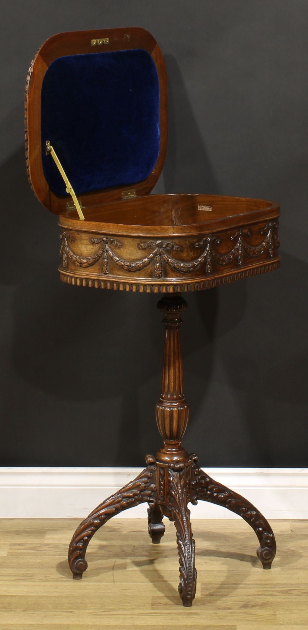 An Adam Revival mahogany work table, hinged top above a deep frieze carved and applied with ribbon- - Image 3 of 5