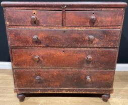 A Victorian pine chest, of two short and three long drawers, 104cm high, 105cm wide, 46cm deep