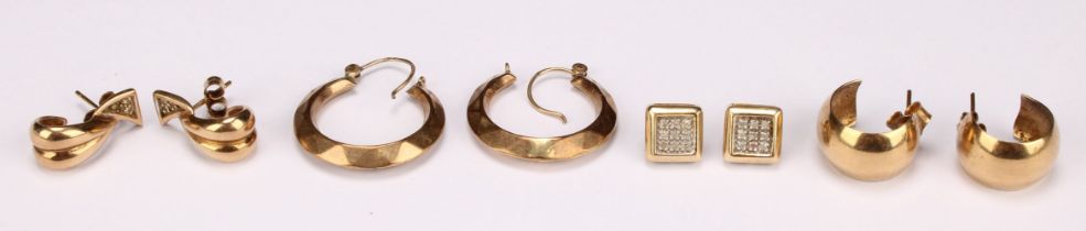 A pair of 9ct gold hoop earrings; two other pairs of 9ct gold earrings; a pair of unmarked gold