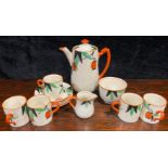 An Art Deco hand painted coffee set, thirteen pieces