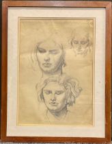 L Knight Three Heads pencil and chalk study