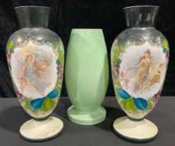 A pair of 19th century milk glass ovoid pedestal vases, decorated with classical maidens and