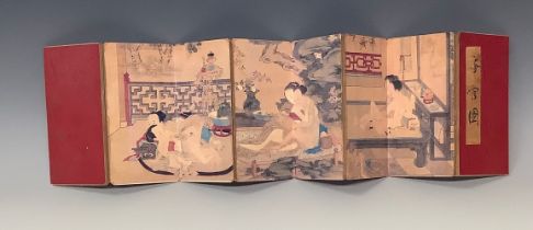 A Chinese concertina ten fold book with panels depicting erotic scenes