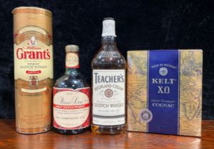 A bottle of Grant's Scotch whisky, 70cl, in cardboard cylinder box; a bottle of Teacher's Scotch