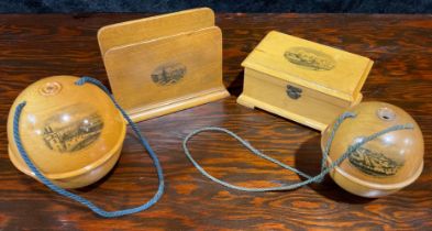 Treen - a Scottish Mauchline ware globular string box, Hyde Pier, Isle of Wight; another, Sea