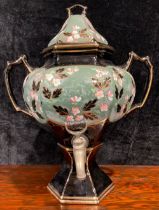 A Victorian Staffordshire shaped hexagonal pedestal samovar, painted with pink blossom on a green