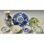 Oriental Ceramics - blue and white bowl; two footed dishes; a plate; a vase; two famille rose, a