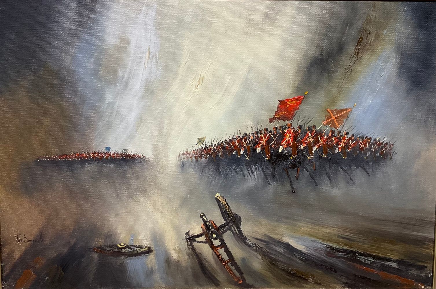 Pictures and Prints - John Bampfield, Into Battle, signed, oil on canvas, 50cm x 75cm; David - Image 5 of 5