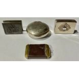 A Robin Hood brand snuff box; an Armorial snuff; a matchbox case; a vesta