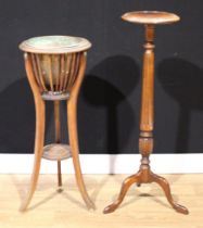 A George III Revival mahogany tripod statuary pedestal, 104cm high, 31cm diameter; an Edwardian