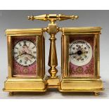 A French style lacquered brass double carriage clock and barometer, applied with printed and painted