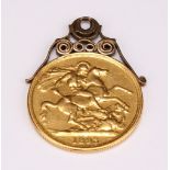 A Victorian gold double sovereign, 1893, 9ct gold mounted as a pendant, 17.18g gross