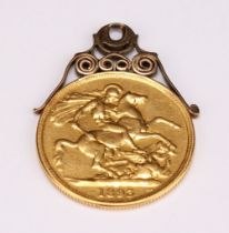 A Victorian gold double sovereign, 1893, 9ct gold mounted as a pendant, 17.18g gross