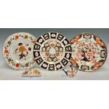 Three Royal Crown Derby plates, second quality; an Olde Avesbury pattern pin tray; a watering can