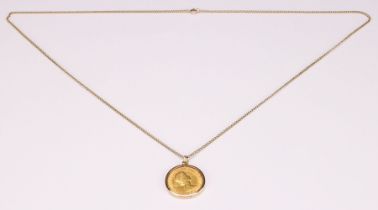 An Elizabeth II full gold sovereign, 1963, 9ct gold mounted as a pendant with 9ct gold necklace