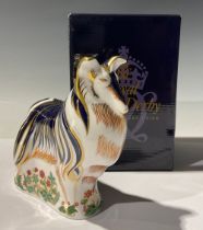 A Royal Crown Derby paperweight, Rough Collie, gold stopper, 15cm high, boxed