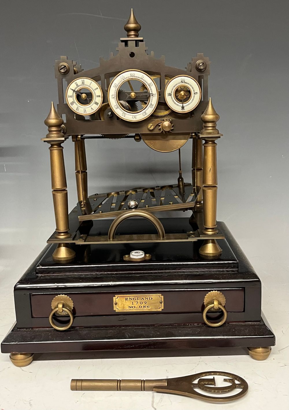 A Congreve brass rolling ball perpetual clock, three dials each with white enamel chapter ring, - Image 3 of 3