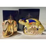 A Royal Crown Derby paperweight, Chameleon, gold stopper, boxed; another, Old Imari Snake, gold