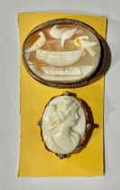 A Victorian Pliny Doves cameo; another cameo brooch