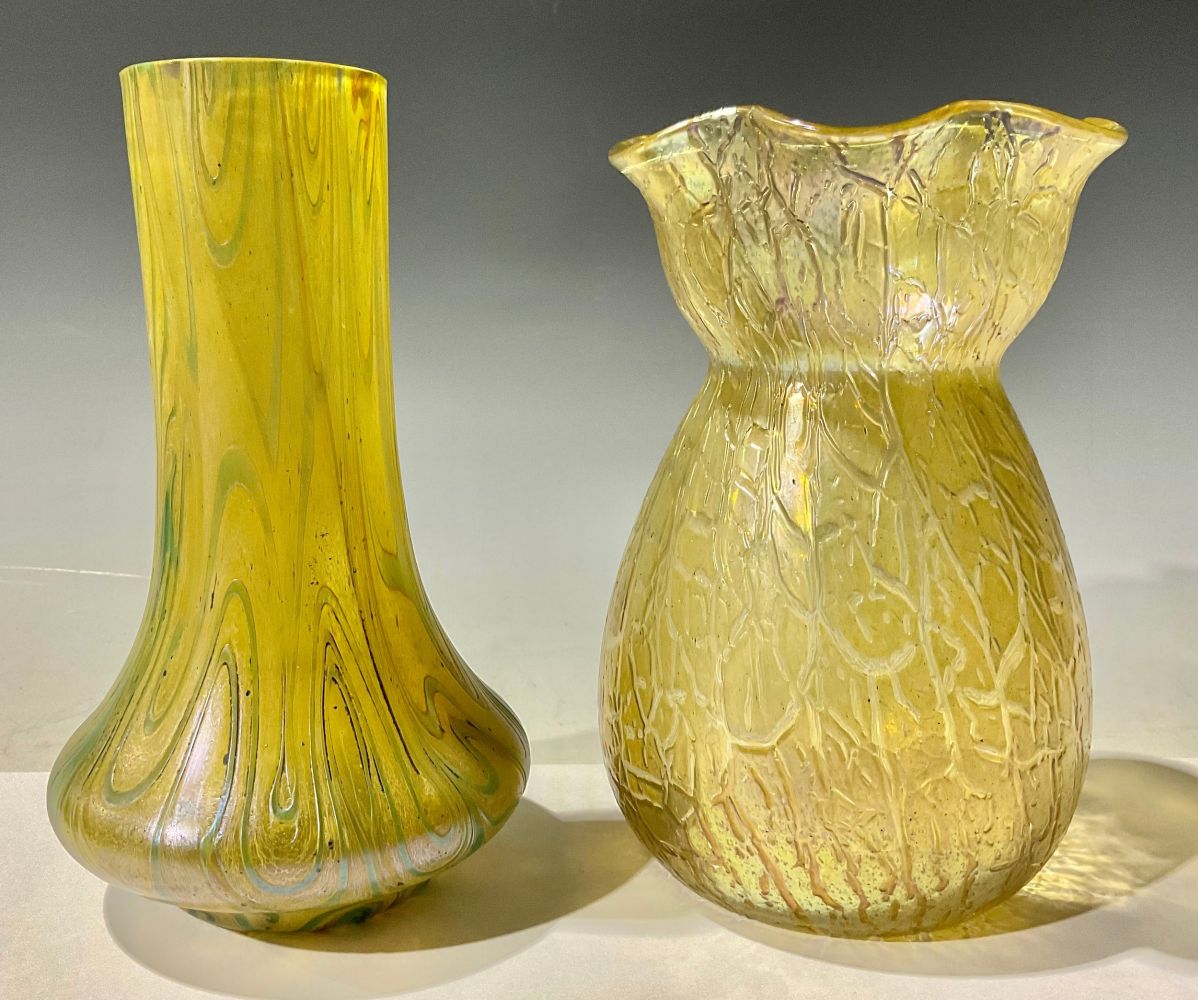 A continental Loetz type crackle glass ovoid vase, flared everted rim, 20cm; a similar tapering