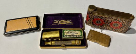 An Art Deco musical vanity case; a Deco case; a Gilette cased razor