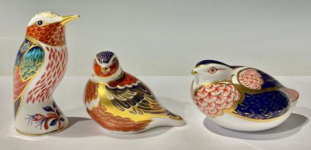 A Royal Crown Derby paperweight, Quail, silver stopper; others, bird, gold stopper; Bee-eater,