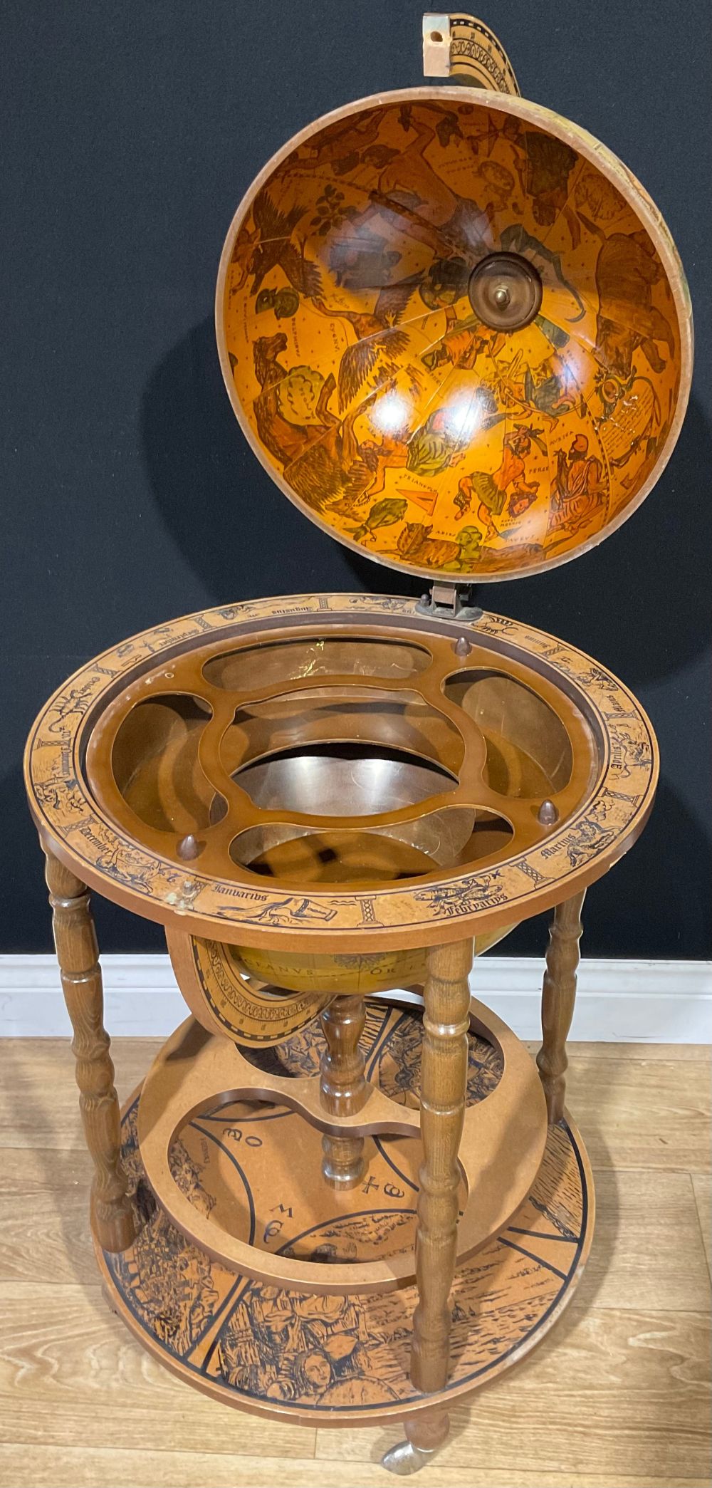 A 20th century Italian style liquor cabinet in the form of a globe, standing on four turned wooden - Image 2 of 2