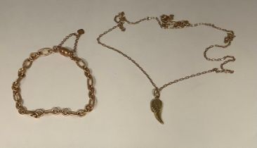 A 9ct rose gold fancy link bracelet, marked 375, 5.6g; a 9ct gold necklace with wing pendant, marked