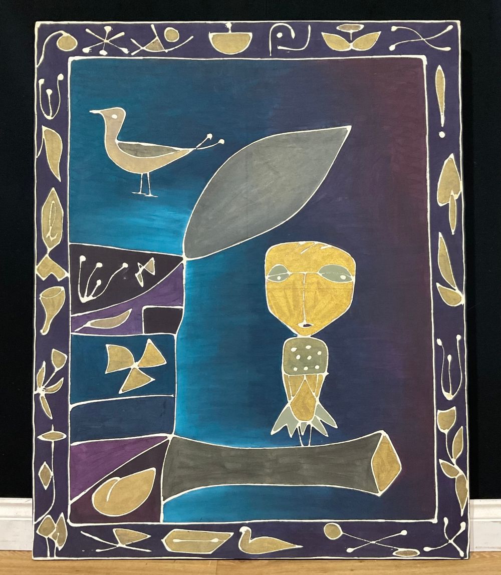 A large Batik print on canvas, stylised "figural" bird on a branch, with bird in flight over, bought - Bild 2 aus 2