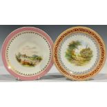 A late 19th century Worcester plate, painted with rural cottage scene, within gilt floral and pink