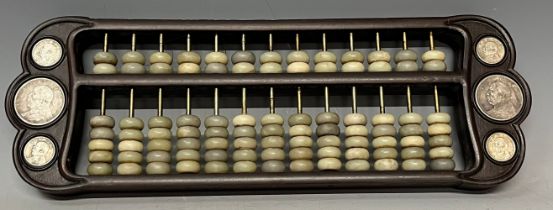 Boxes and Objects - a Chinese abacus, the hardwood frame inset with coins and polished hardstone