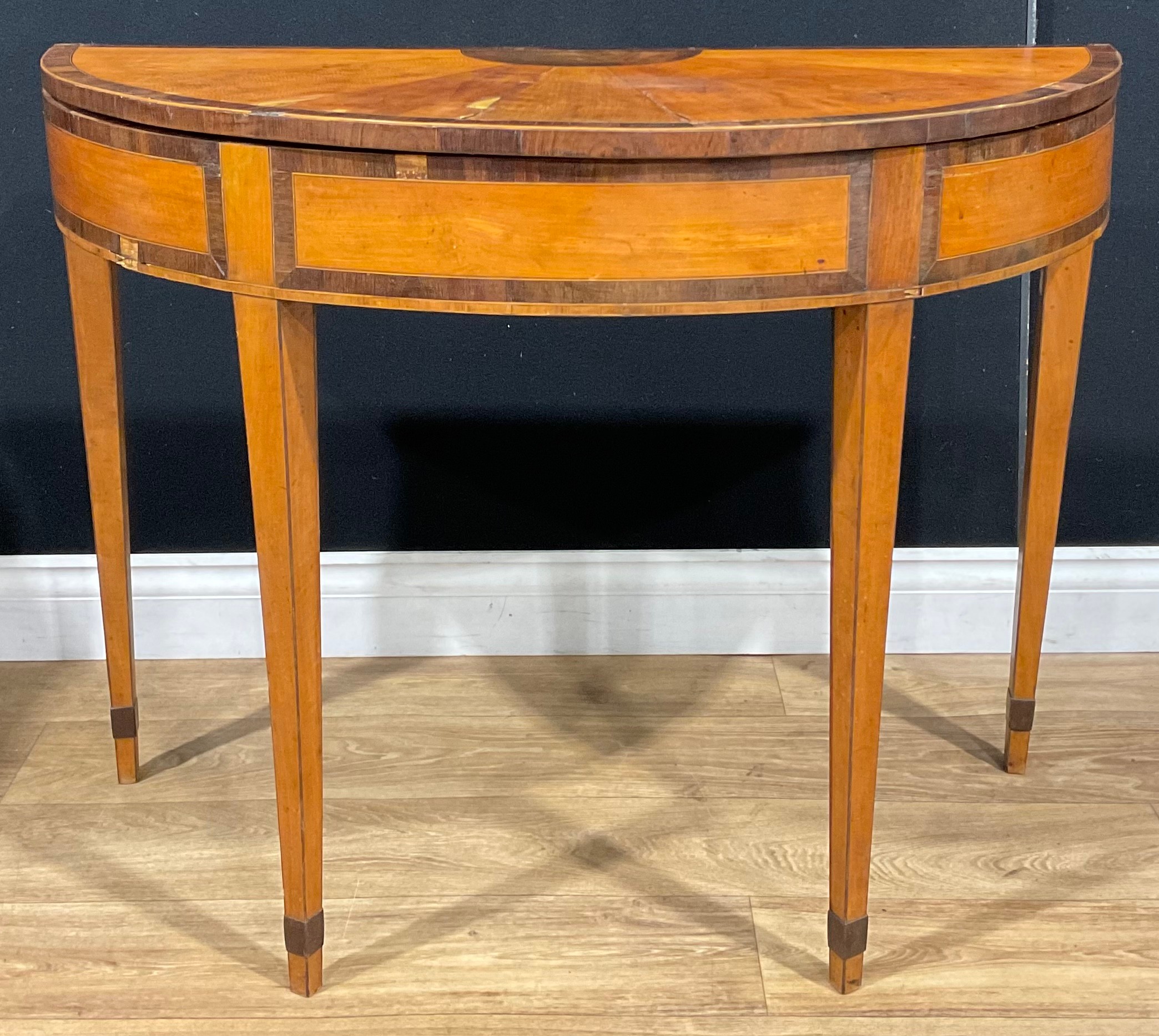 A 19th century rosewood crossbanded satinwood demilune card table, 72cm high, 96cm wide, 45.5cm deep