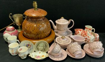 Ceramics - tortoiseshell effect inverted rim bowl, 33cm dia, conforming lamp, 32cm high, 1950’s pink