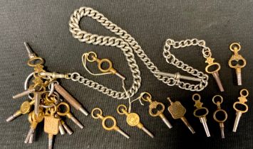Horology - a collection of pocket watch keys; a double Albert chain
