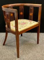 An Edwardian walnut-stained Beech-wood salon chair, pierced splats, tapestry upholstered seat,