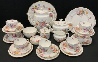 A Royal Crown Derby posies tea set, for seven inc teapot, hot water jug,, milk jug sugar bowl, bread